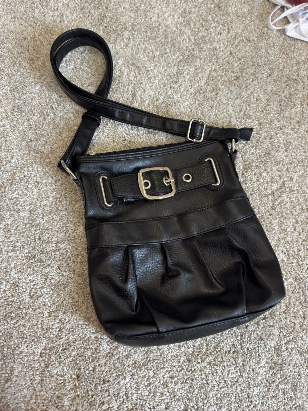 Vintage Black Leather Crossbody with Buckle Detail